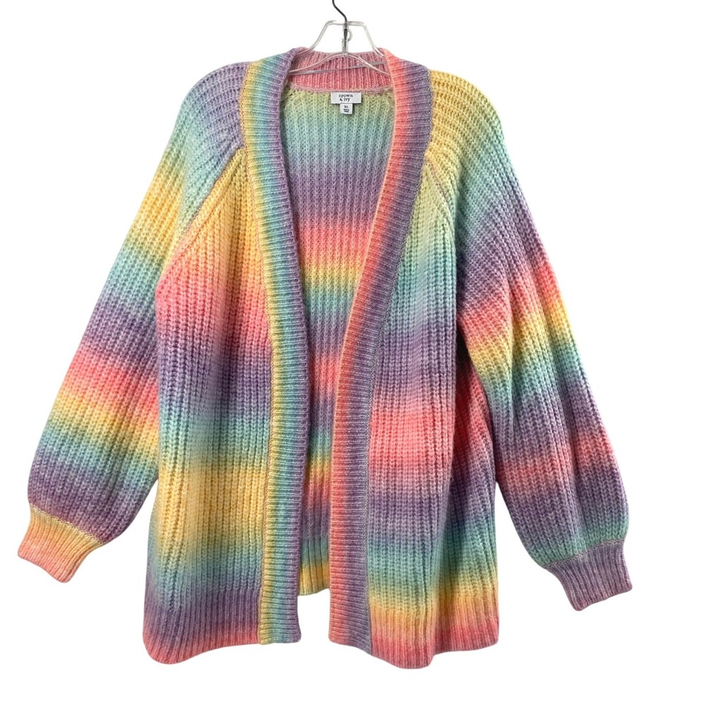 Crown & Ivy Cardigan Women XL Rainbow Ombre Shaker Knit Open Front Sweater